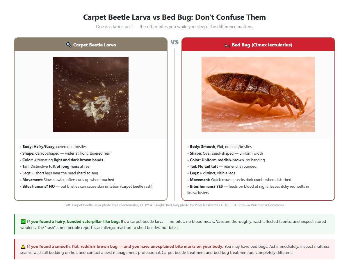 Side-by-side comparison — carpet beetle larva (left) vs bed bug (right)