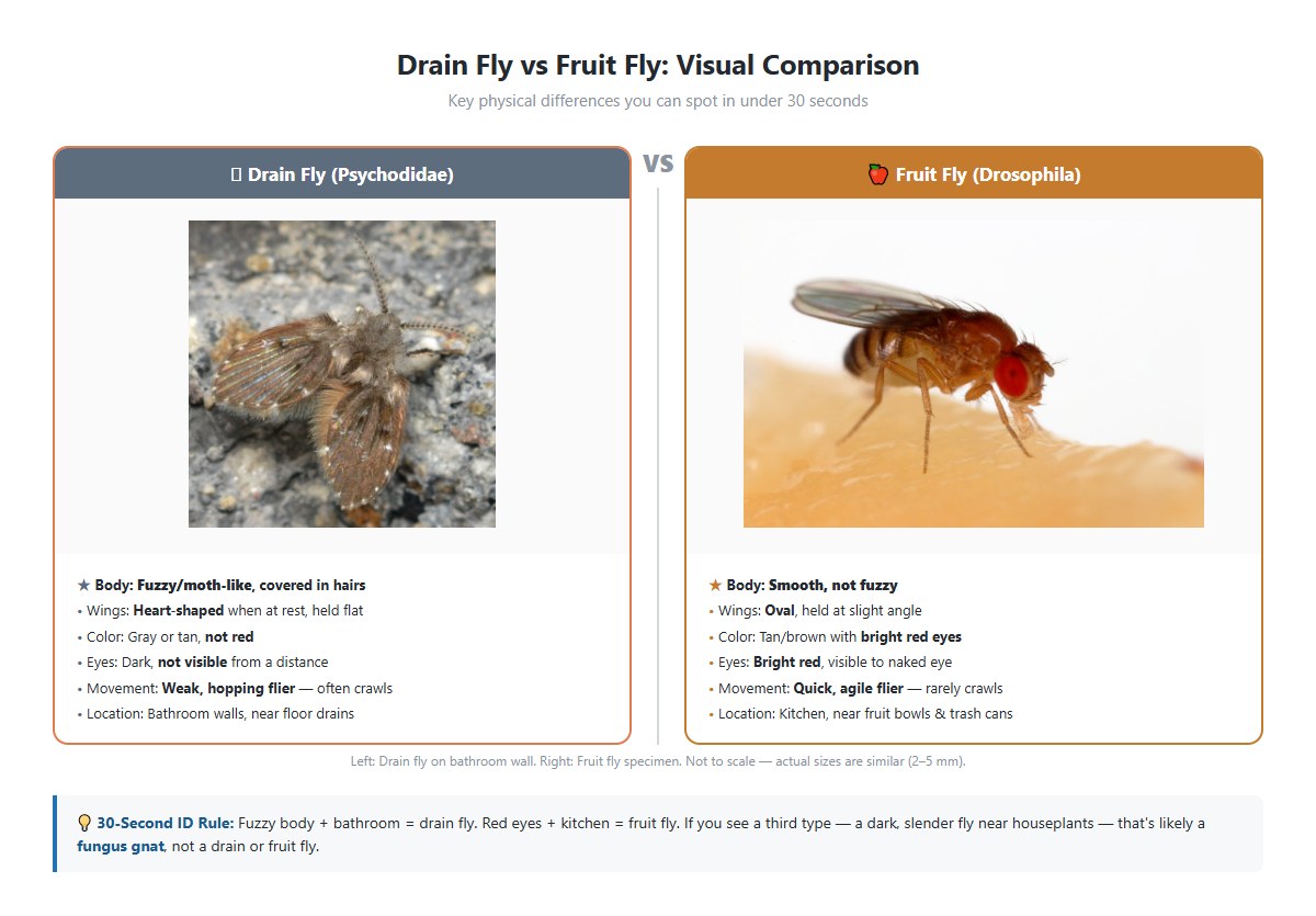 Side-by-side comparison — drain fly on left, fruit fly on right, with arrows pointing to key differences